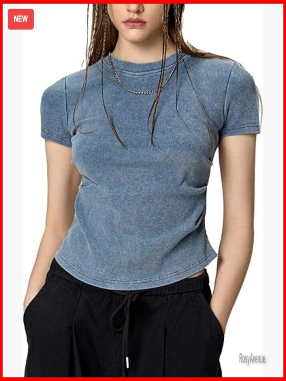 Ribbed Slim Fit Cropped Tee with Ruched Detail, Acid Wash Cotton